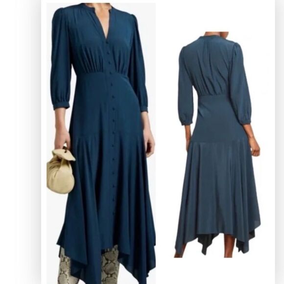 Veronica Beard Roksanda Petrol Blue Button-Front Silk-Blend Dress 2 NWT $650 - Picture 1 of 8
